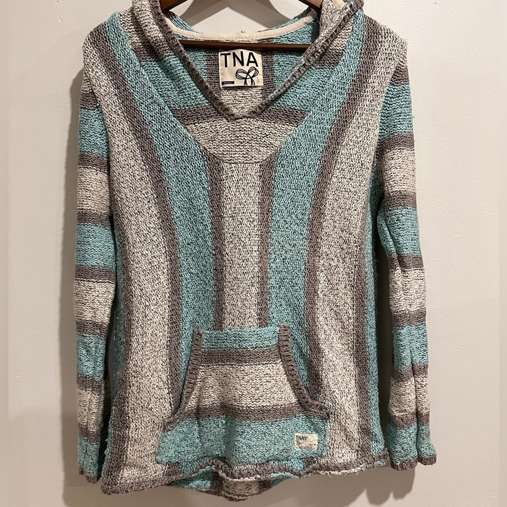 TNA Baja Beach Blue and Grey Boho‎ Poncho Hoodie Size S